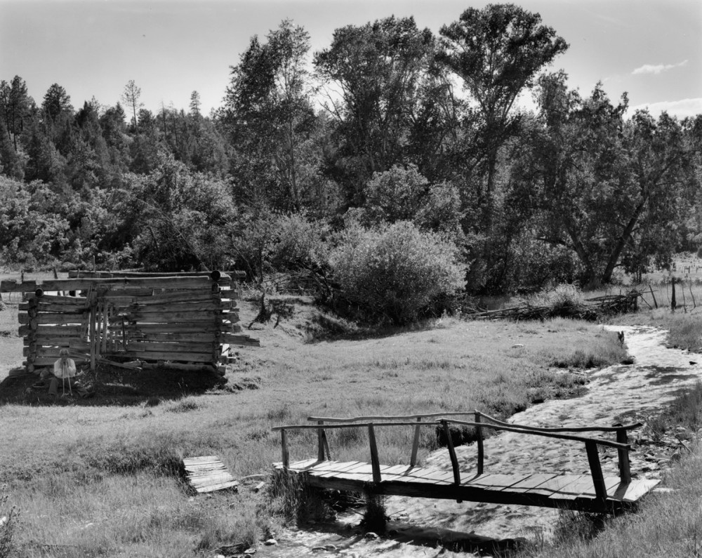 Jacobo's bridge and hay storage at the river, El Valle, New Mexico, 1979
