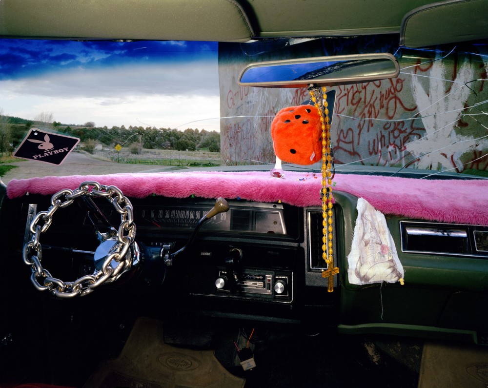 Rodarte, New Mexico, looking south from Fred Martinez's Chevrolet, Impala, April 1987